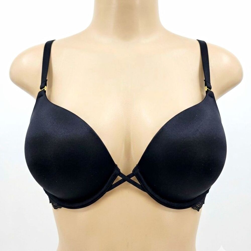 Victoria's Secret Bombshell Plunge Bra 36C Black Lace trim Padded Underwired